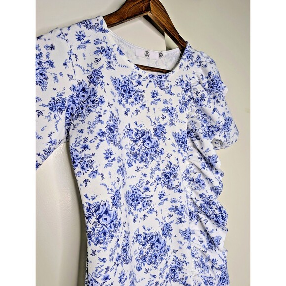 Missguided Sz 0 Mini Dress Floral White Blue Ruffle Toile Chinoiserie - Picture 5 of 10